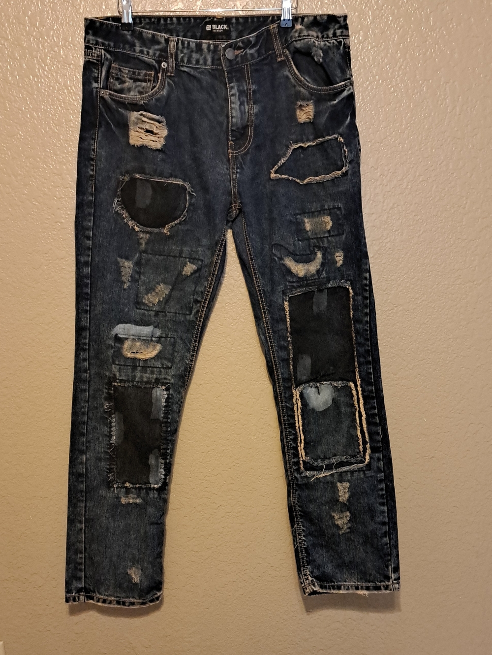 Black Premium Slim Straight Distressed Patchwork Jeans. Size 36.
